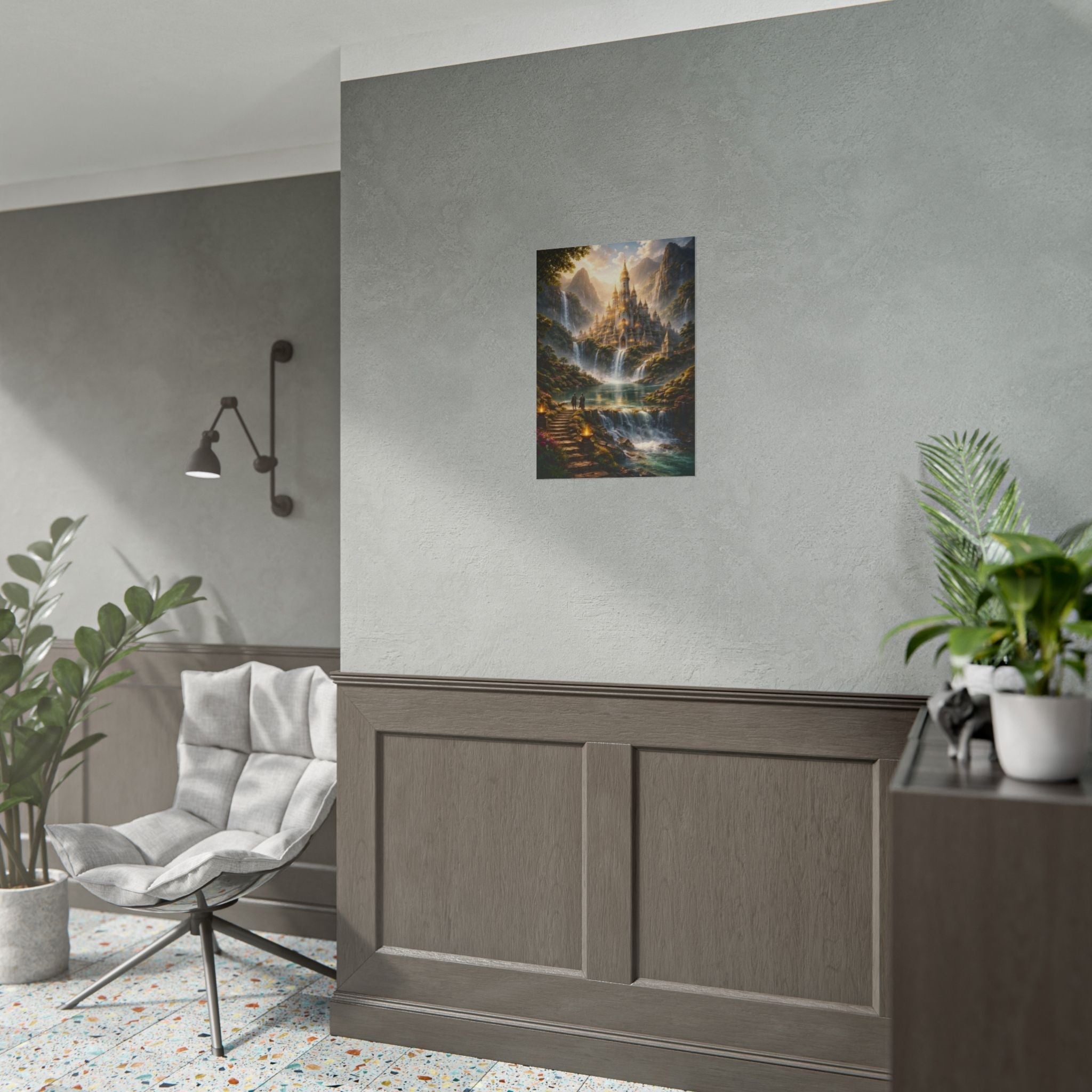 Fantasy Castle Rolled Poster — Enchanted Waterfall Landscape Wall Art