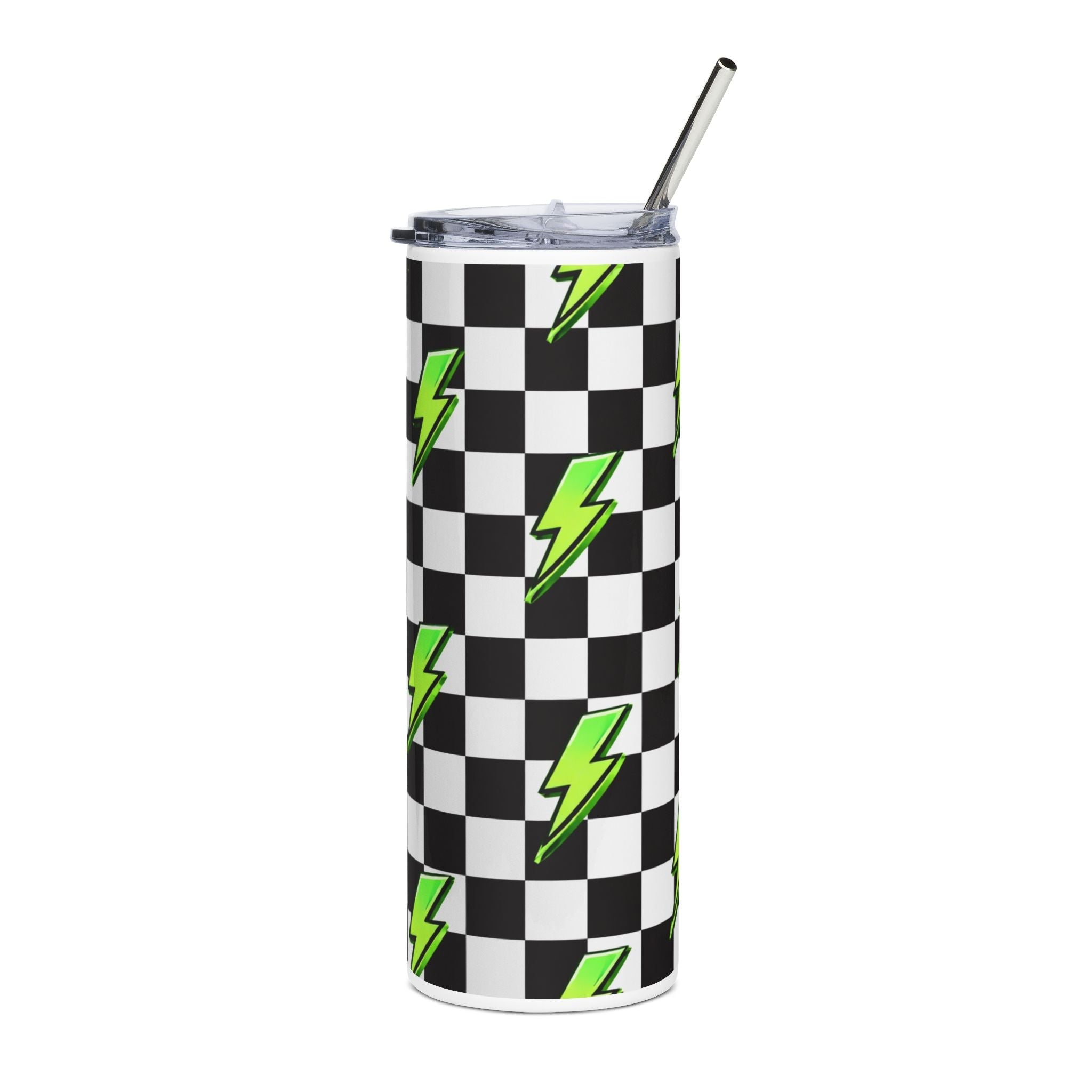 20oz Stainless Steel Tumbler — Neon Green Lightning Bolt on Black & White Checkerboard