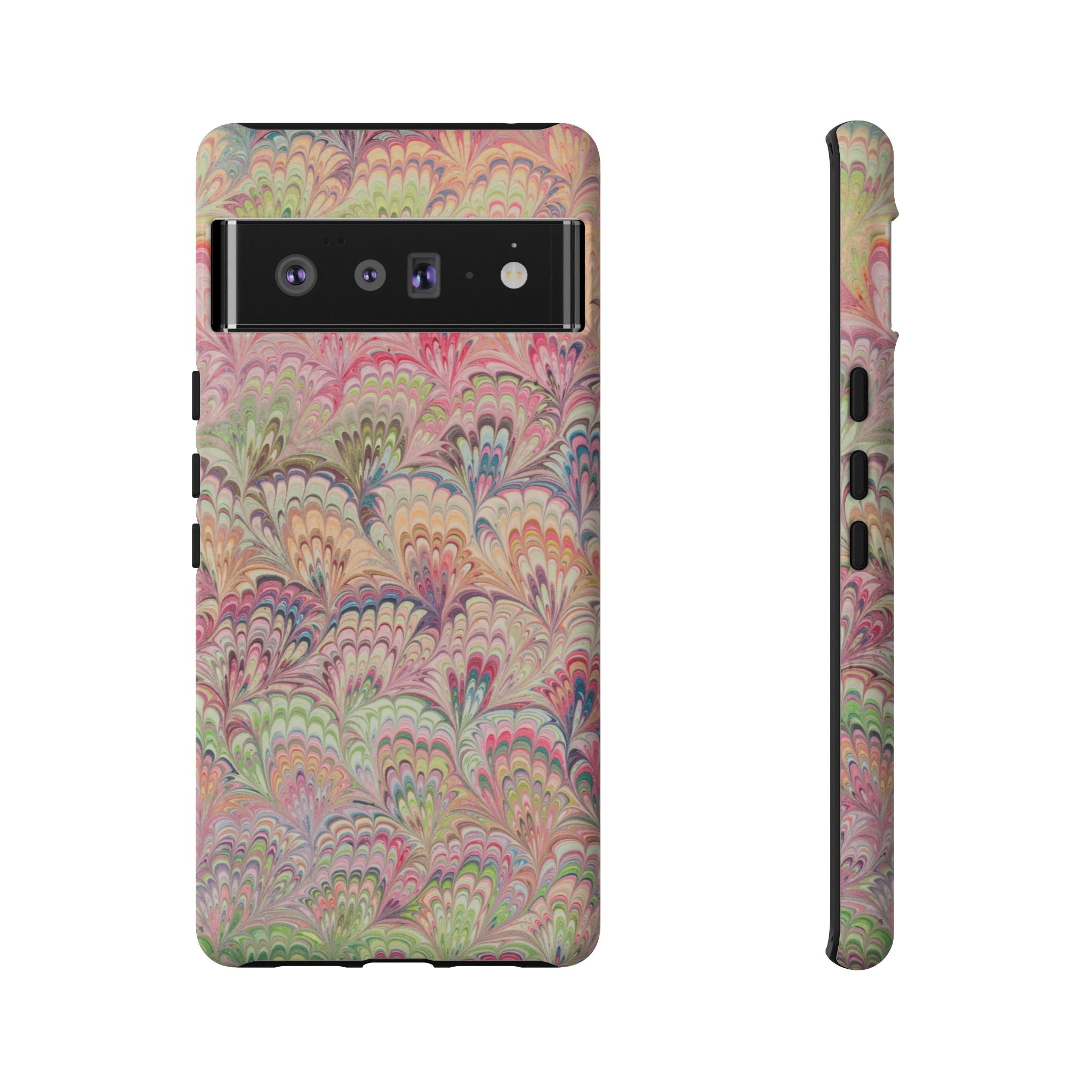 Pastel Pink + Green Feather Marbled Phone Case - Dual Layer Phone Cover