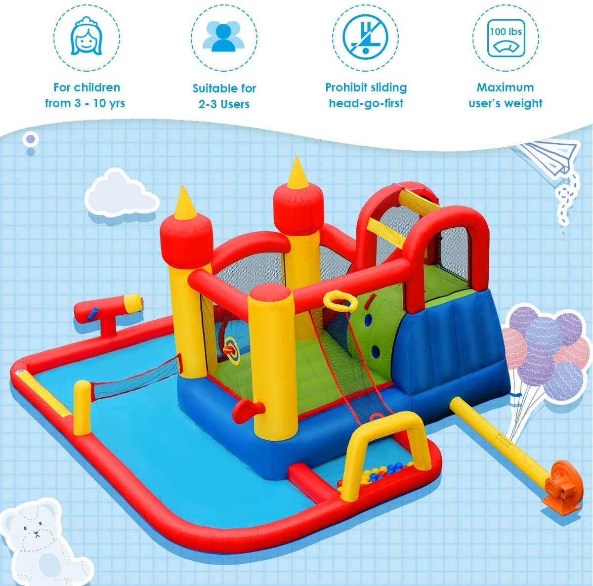 Inflatable Water Slide Jumper Bounce House with Ocean Ball without Blower