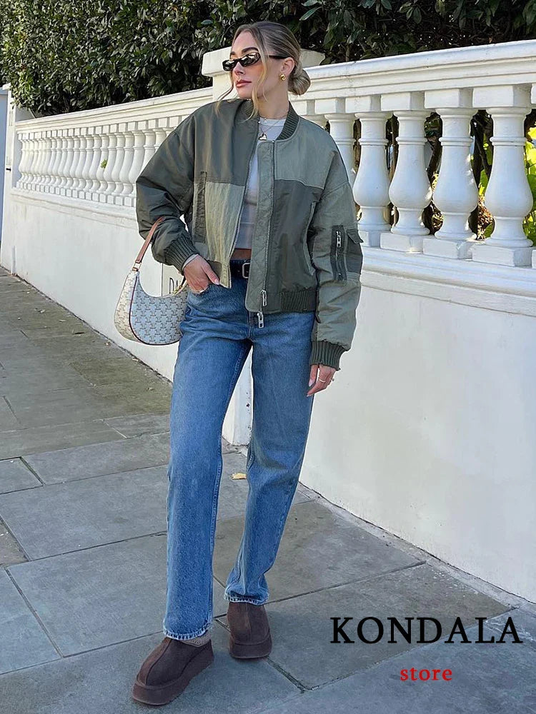 Streetwear Bomber Jackets Women Patchwork Zipper Pockets