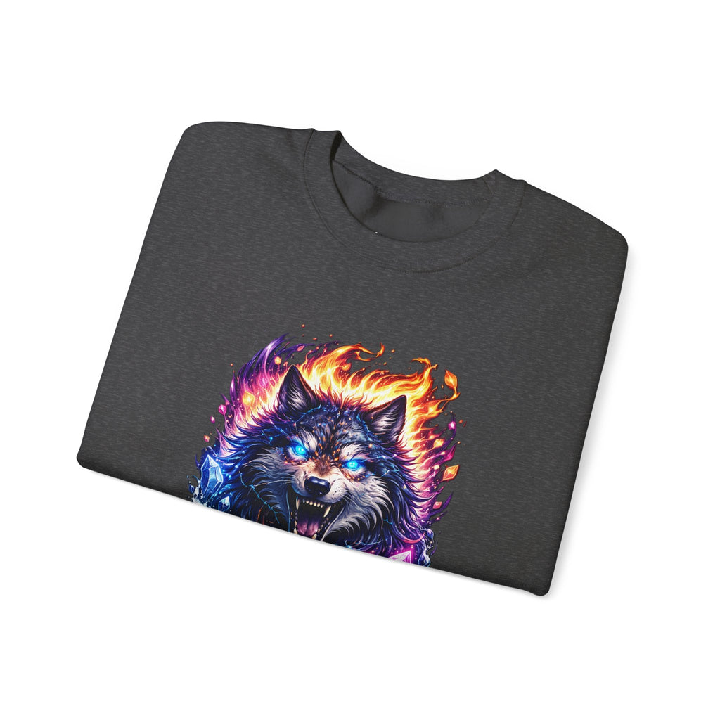 Cosmic Wolf Crewneck Sweatshirt — Neon Fire & Ice Wolf Graphic