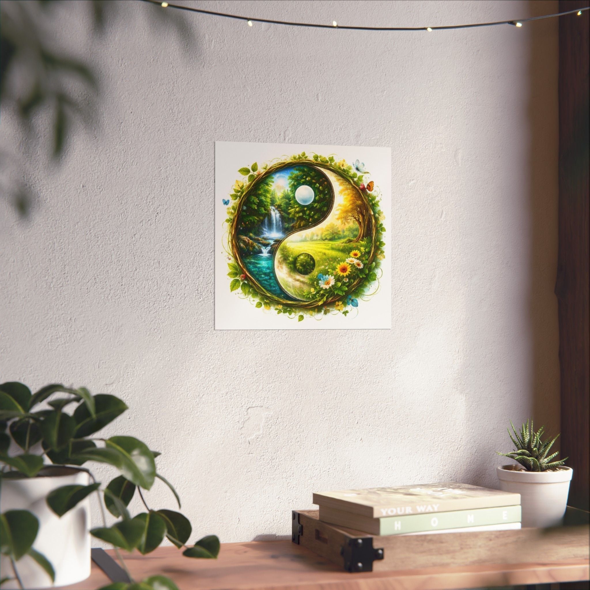 Yin Yang Nature Poster — Scenic Waterfall & Meadow Matte Vertical Print