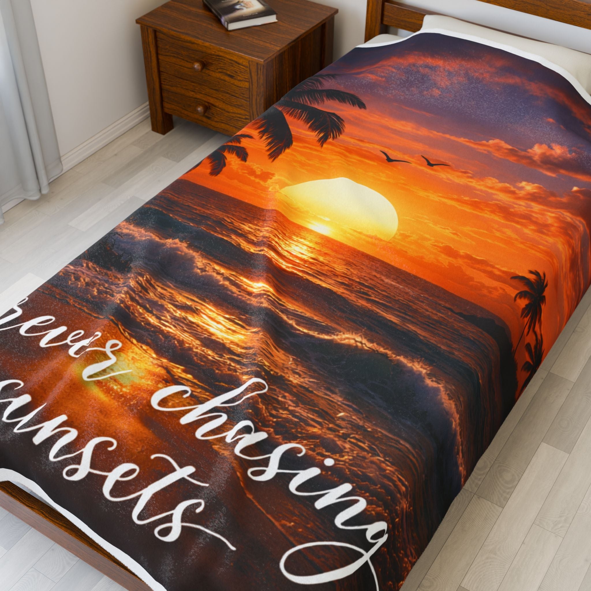 Velveteen Plush Blanket — "Forever Chasing Sunsets" Tropical Sunset Throw