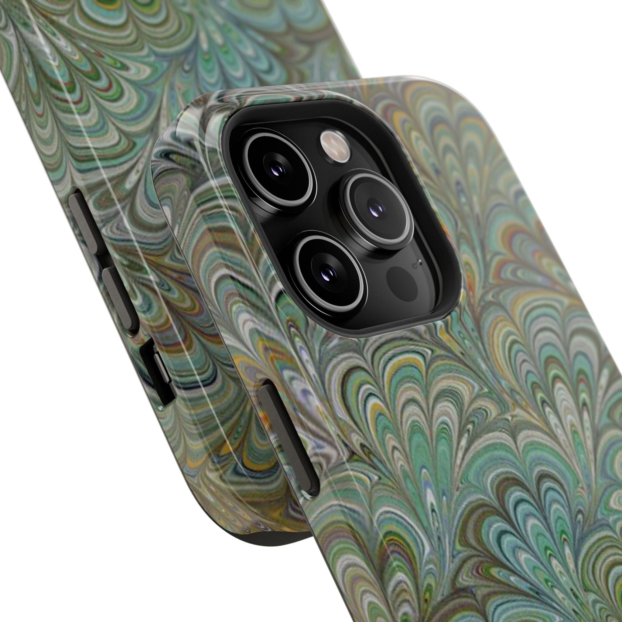iPhone17 + All Models Phone Cases, Italian Peacock Feather Design, Stylish Impact-Resistant Shell, Protective Cover, Green Peacock Print