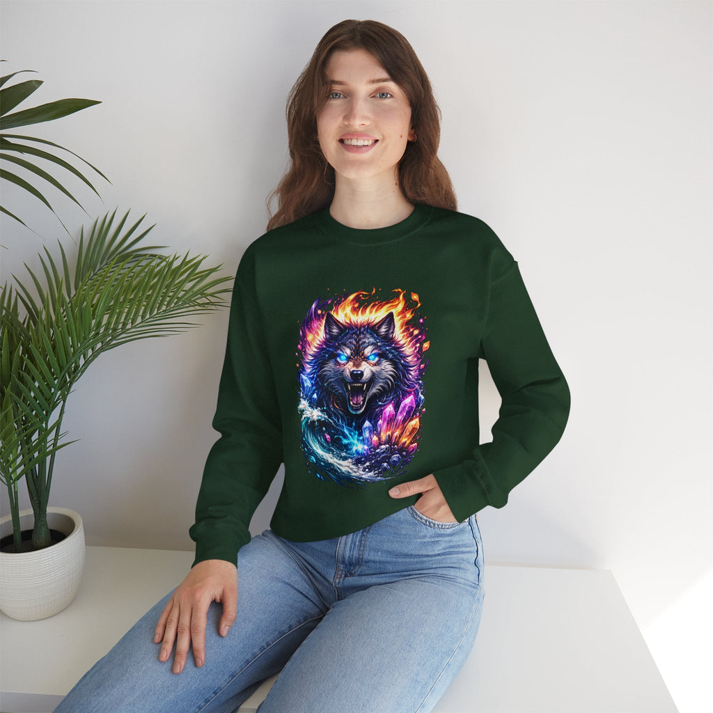 Cosmic Wolf Crewneck Sweatshirt — Neon Fire & Ice Wolf Graphic