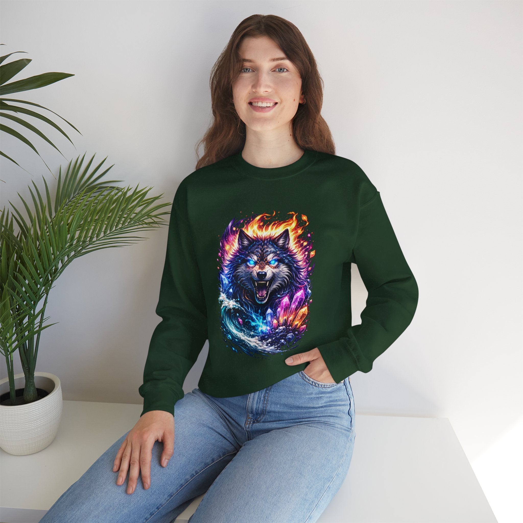 Cosmic Wolf Crewneck Sweatshirt — Neon Fire & Ice Wolf Graphic
