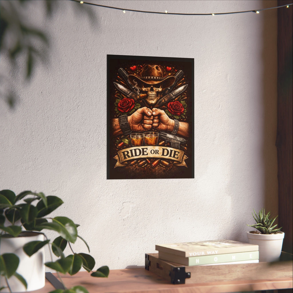 Ride or Die Skull Poster — Cowboy Skull, Fist Bump Motorcycle Bar Art