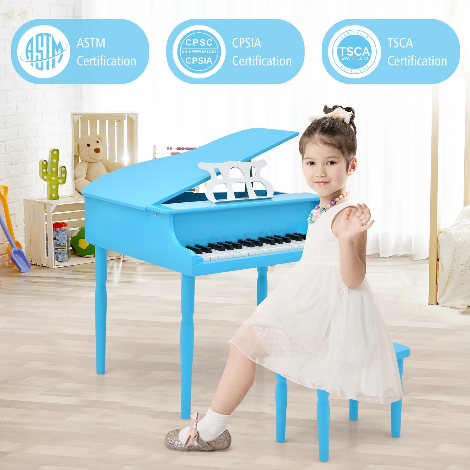 30-Key Wood Toy Kids Grand Piano with Bench and Music Rack-Blue