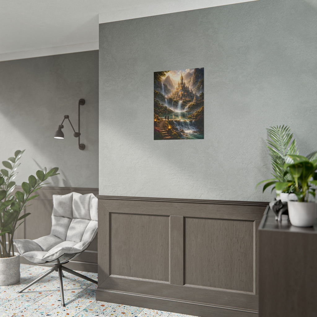Fantasy Castle Rolled Poster — Enchanted Waterfall Landscape Wall Art