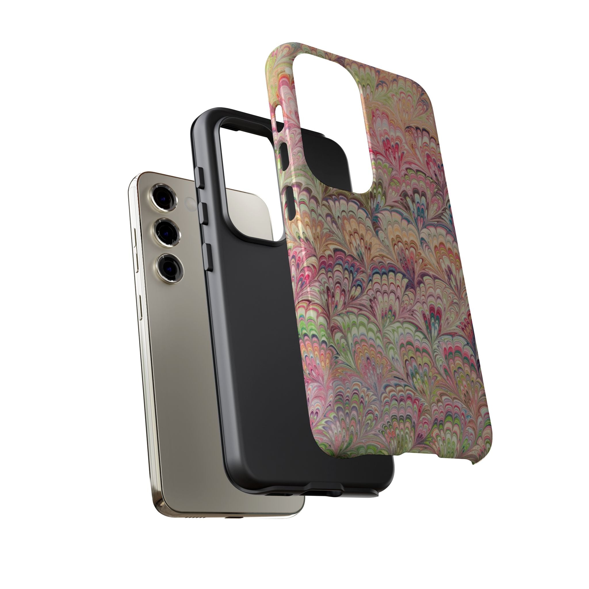 Pastel Pink + Green Feather Marbled Phone Case - Dual Layer Phone Cover