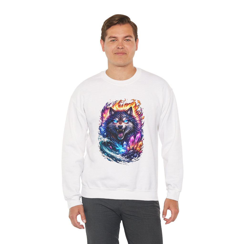 Cosmic Wolf Crewneck Sweatshirt — Neon Fire & Ice Wolf Graphic