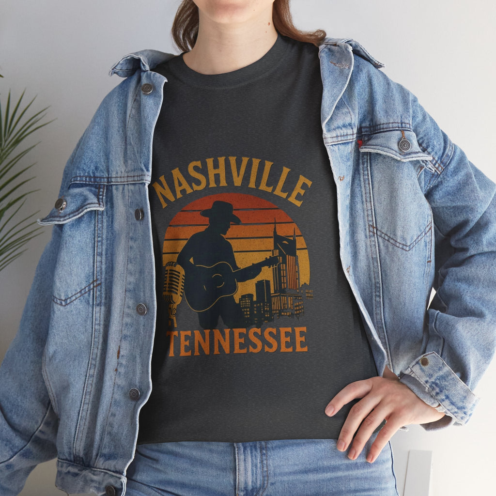 Nashville Tennessee Guitar Silhouette Tee — Retro Sunset Country Music T-Shirt