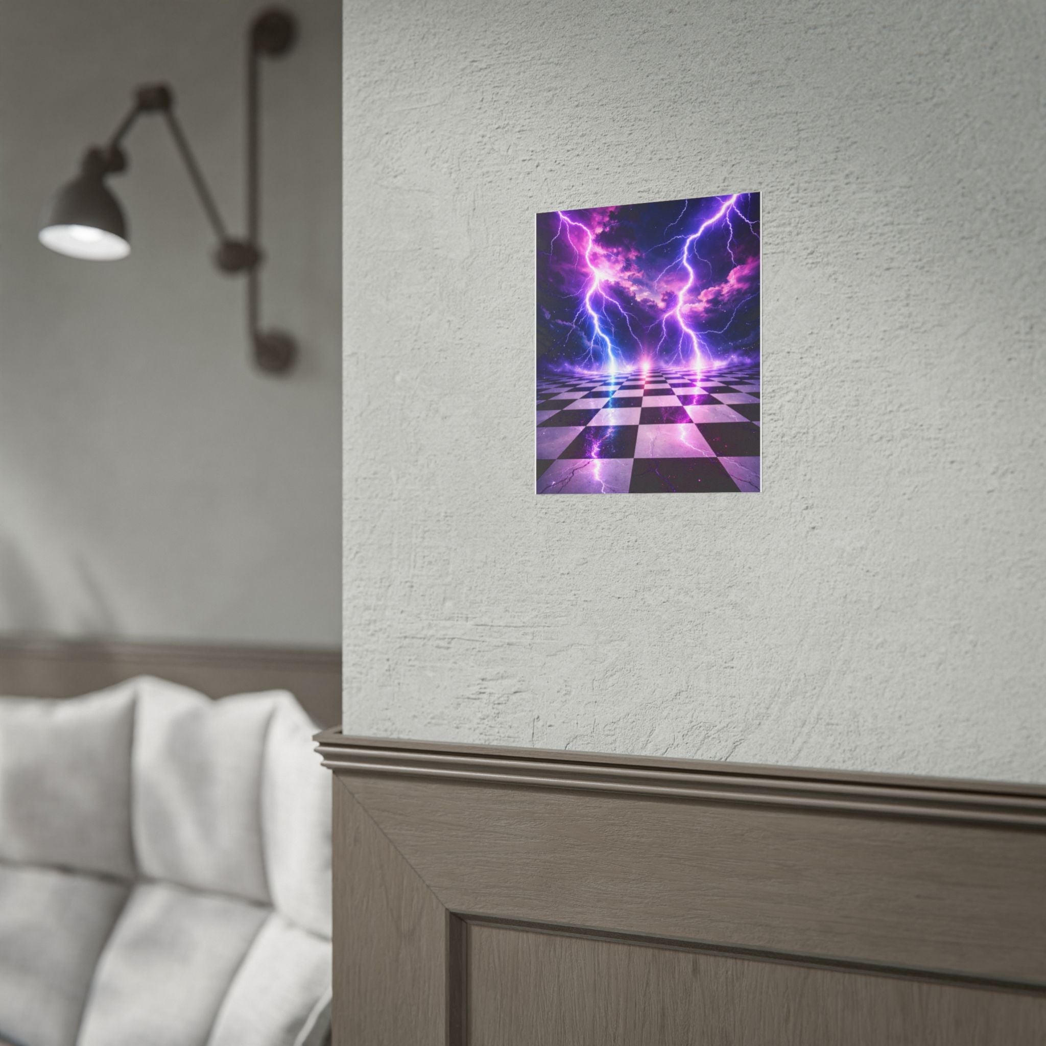 Rolled Poster — Neon Lightning Chessboard Wall Art (Purple Electric Vaporwave)