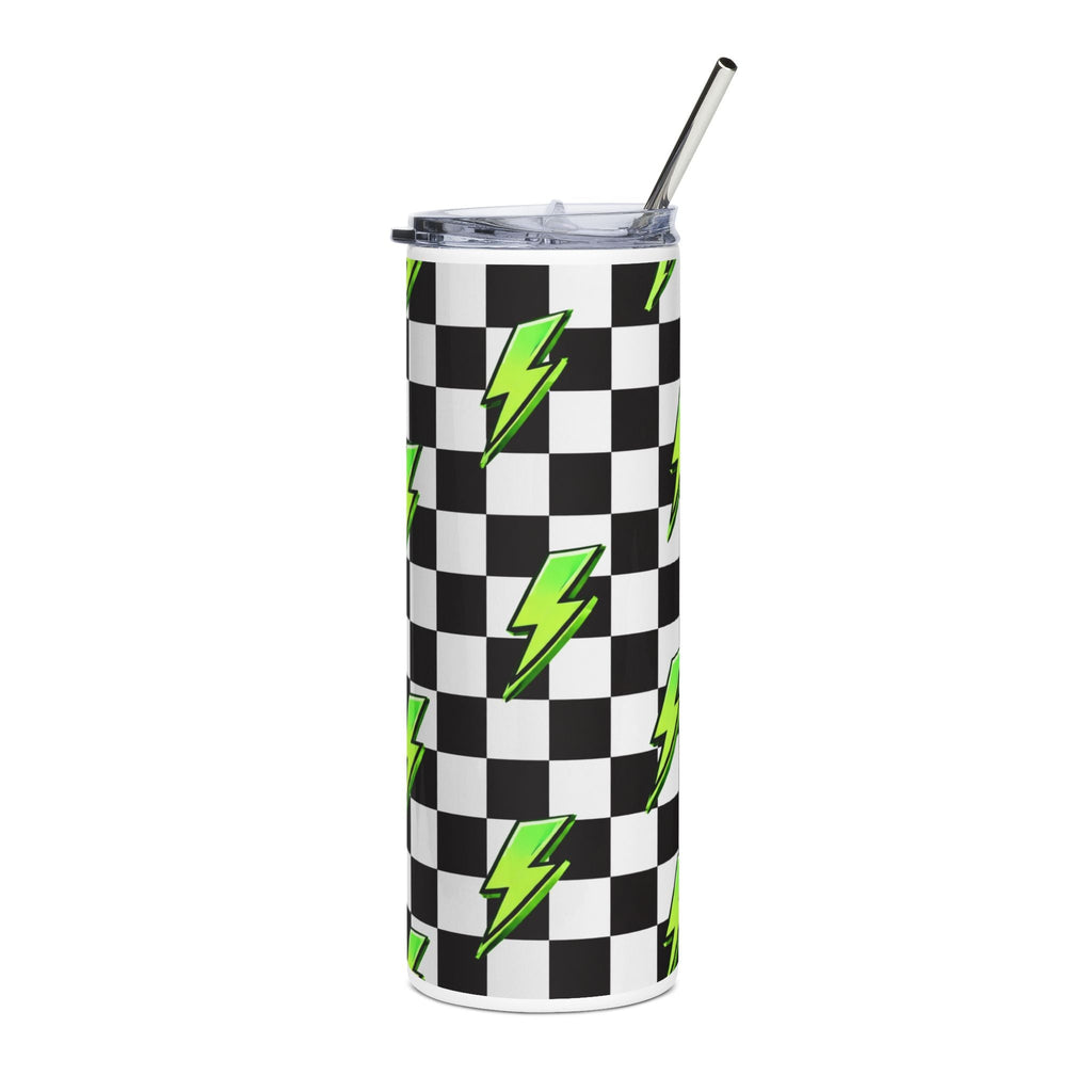 20oz Stainless Steel Tumbler — Neon Green Lightning Bolt on Black & White Checkerboard