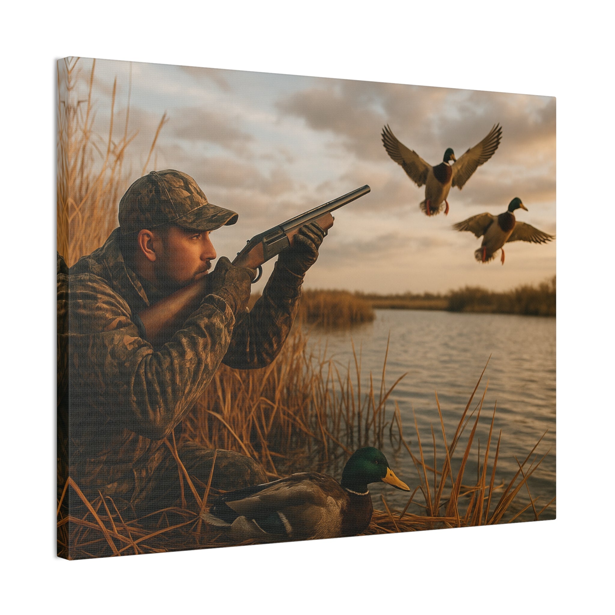 Duck Hunting Canvas Print — Waterfowl Blind Scene Stretched Wall Art