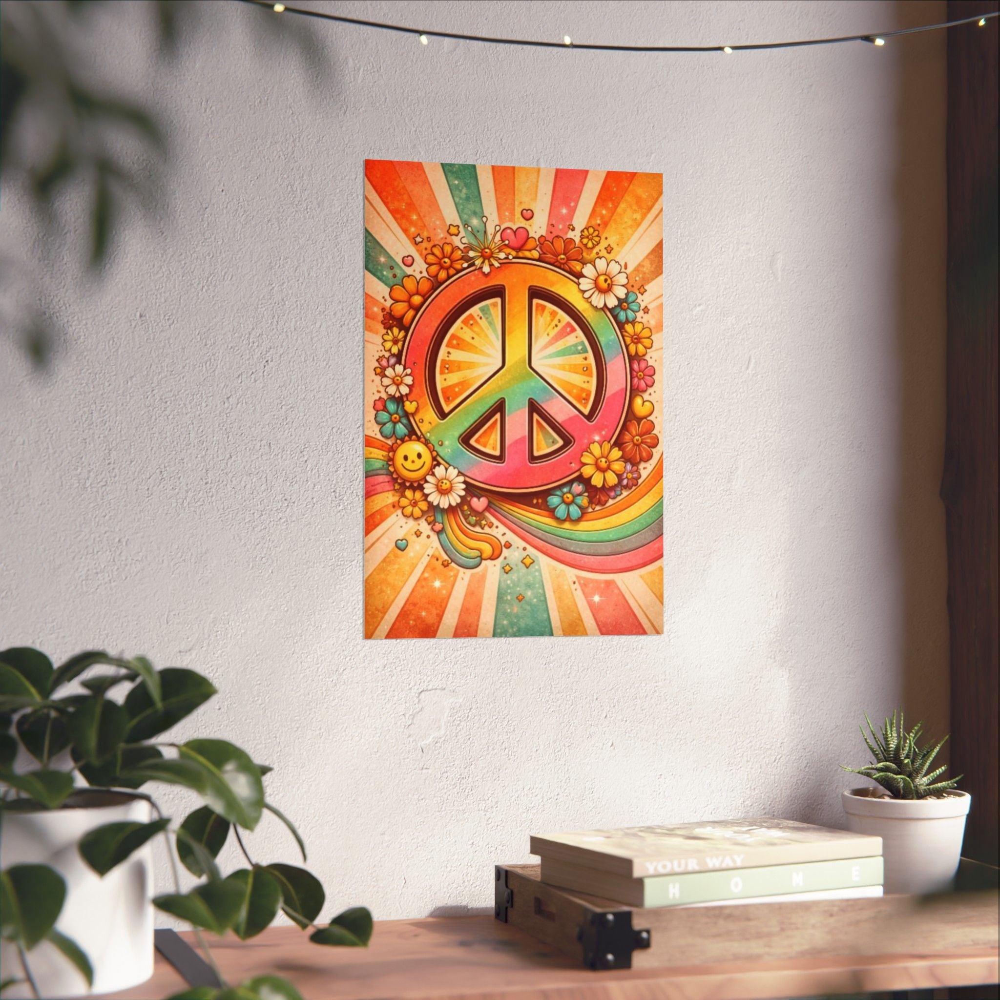 Retro Peace Sign Poster — 70s Hippie Flower Power Matte Vertical Print