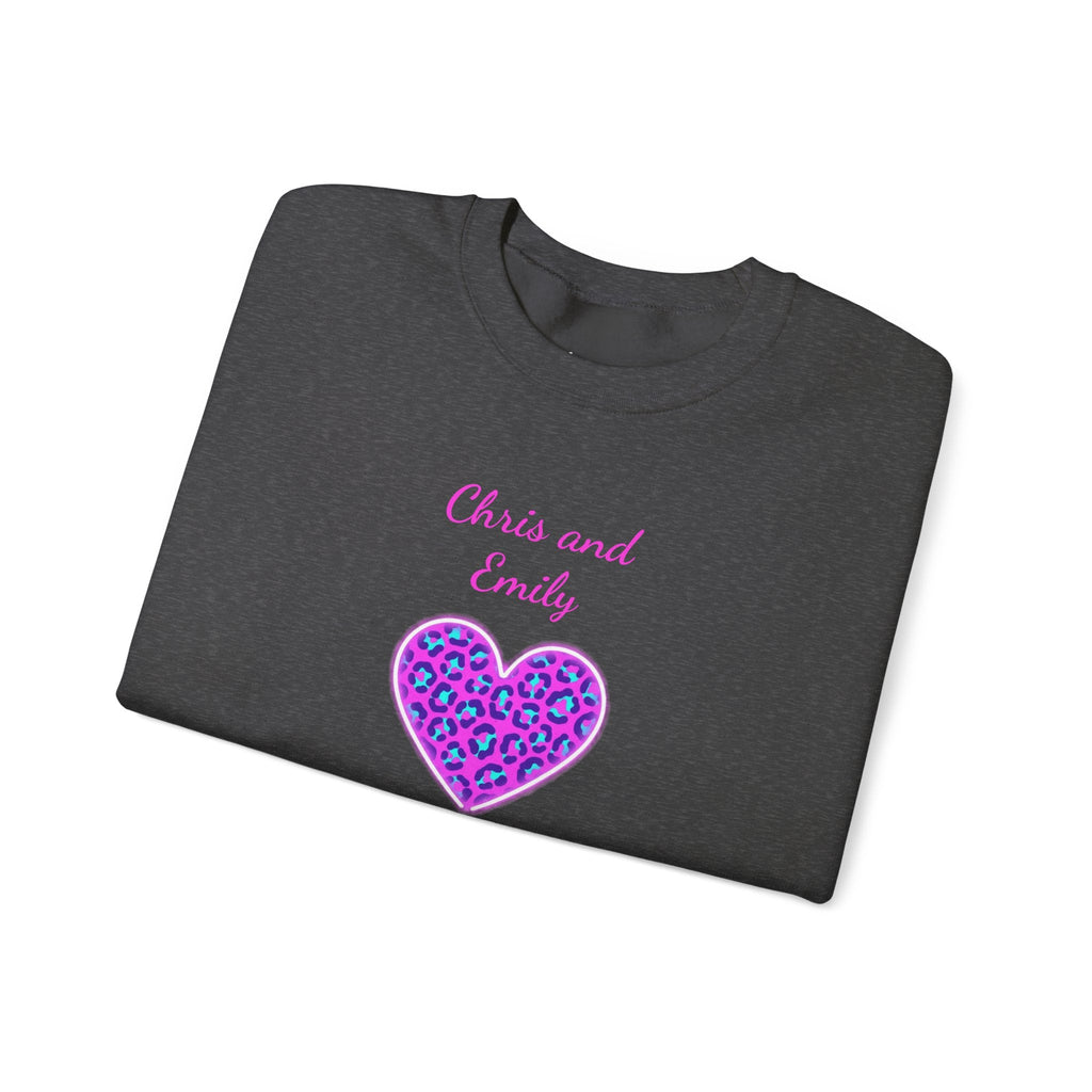 Crewneck Sweatshirt - Personalized Pink & Purple Leopard Heart - Two Customizable Text Boxes