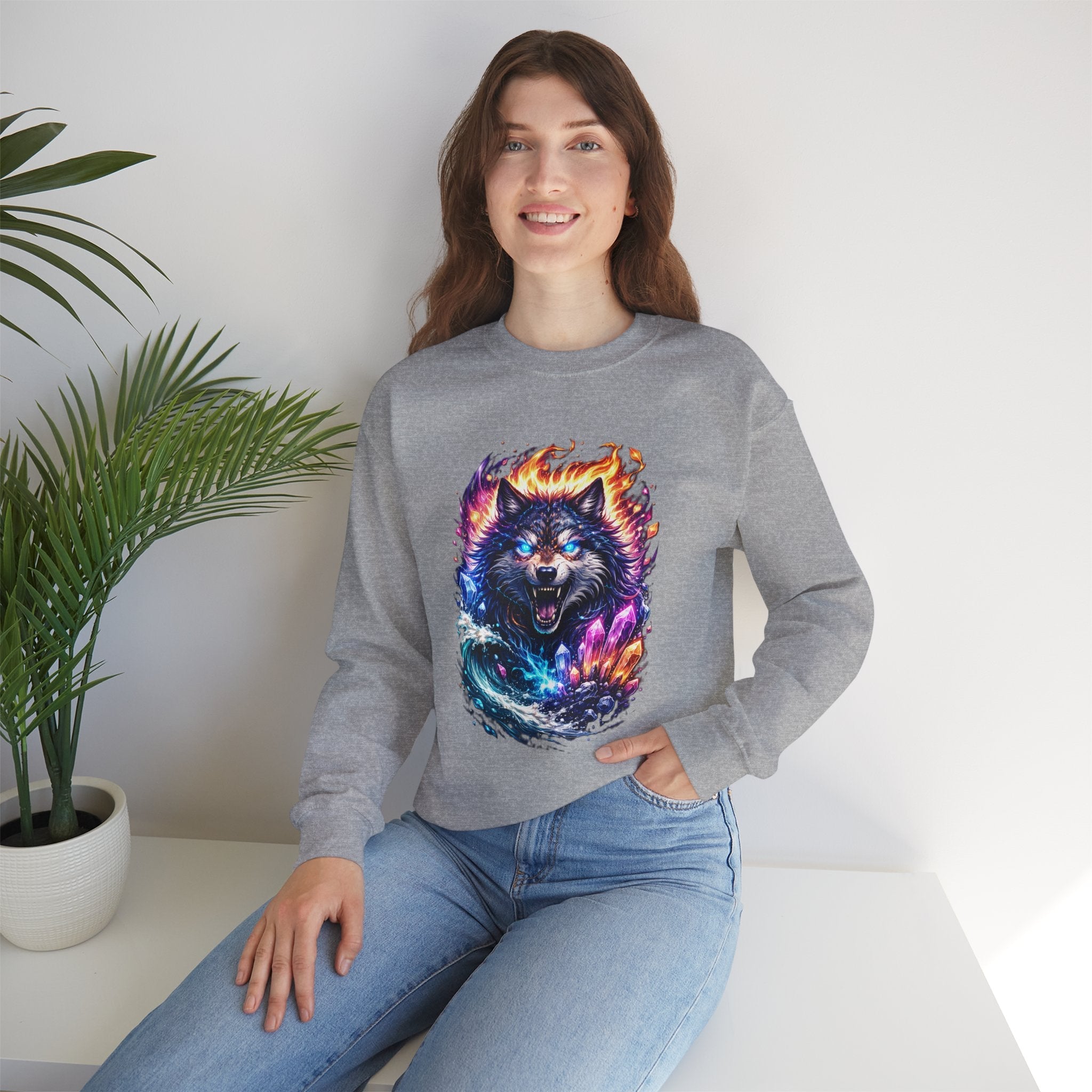 Cosmic Wolf Crewneck Sweatshirt — Neon Fire & Ice Wolf Graphic