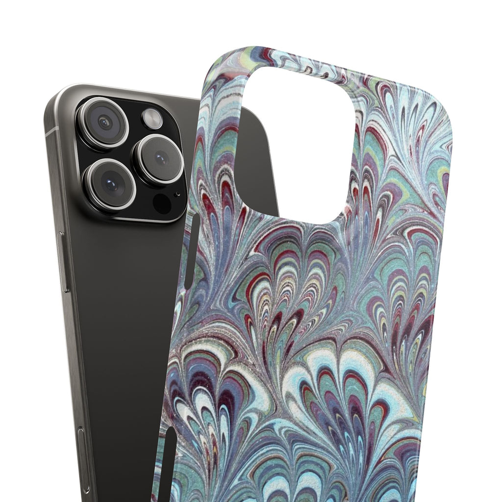 Marbled Feather Green, White + Burgundy Swirl - Single Layer Slim Phone Case