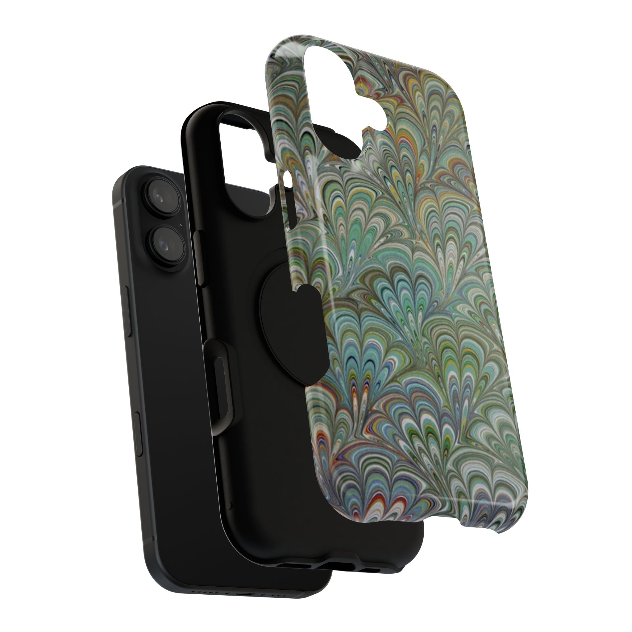 iPhone17 + All Models Phone Cases, Italian Peacock Feather Design, Stylish Impact-Resistant Shell, Protective Cover, Green Peacock Print