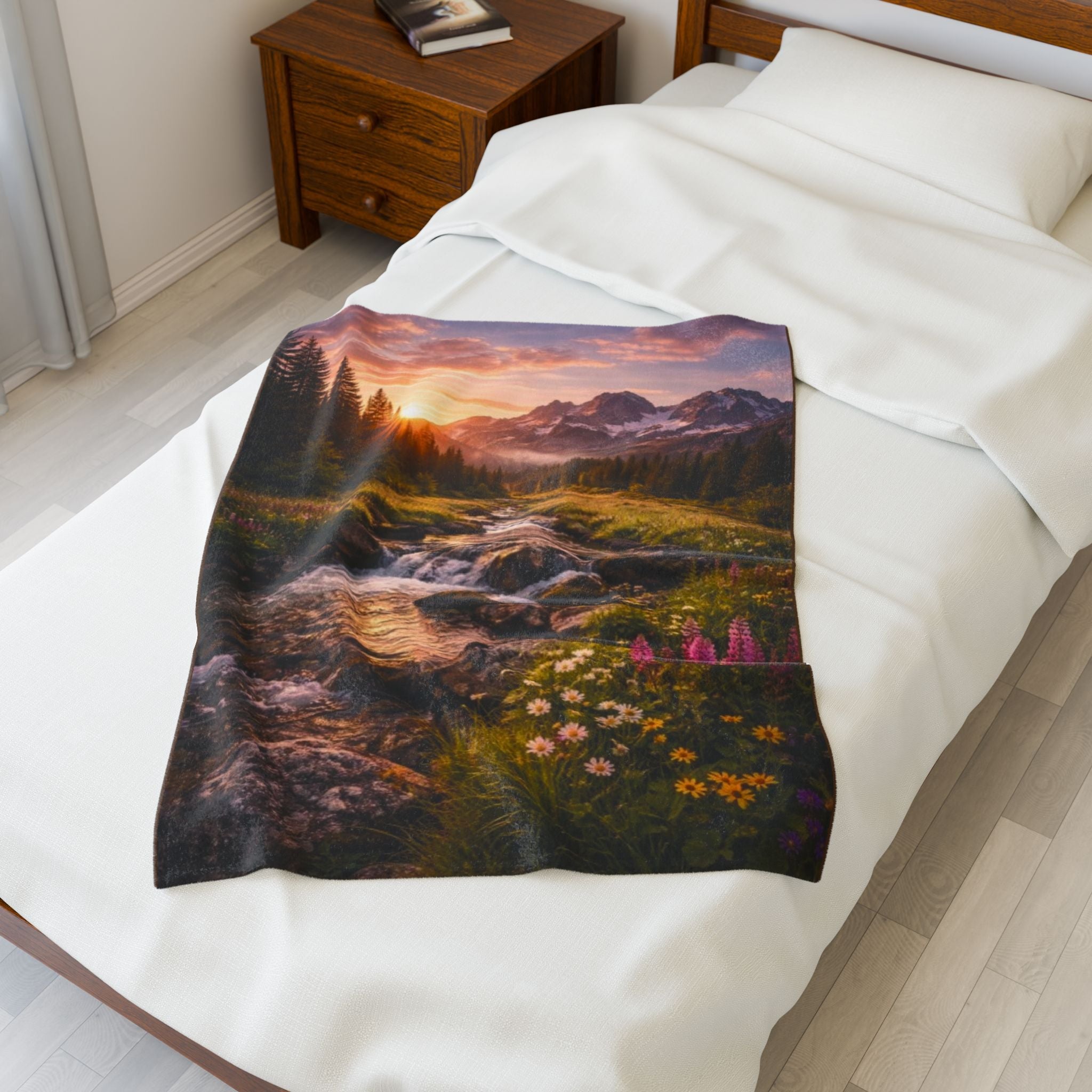 Scenic Mountain Stream Velveteen Plush Blanket — Sunset Alpine River Floral Throw
