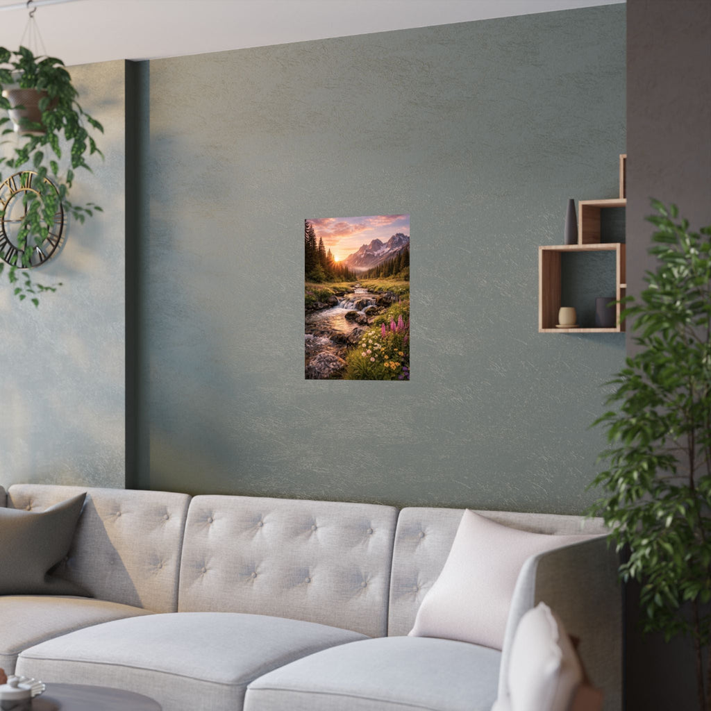 Satin Poster – Golden Mountain Stream Landscape Sunset Print