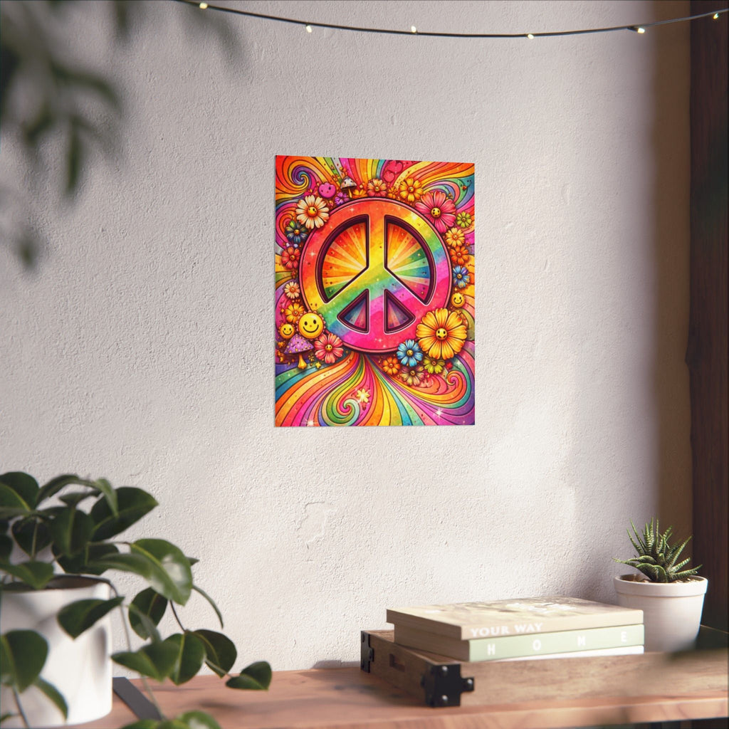 Rainbow Peace Sign Poster — Retro Hippie Matte Vertical Wall Art