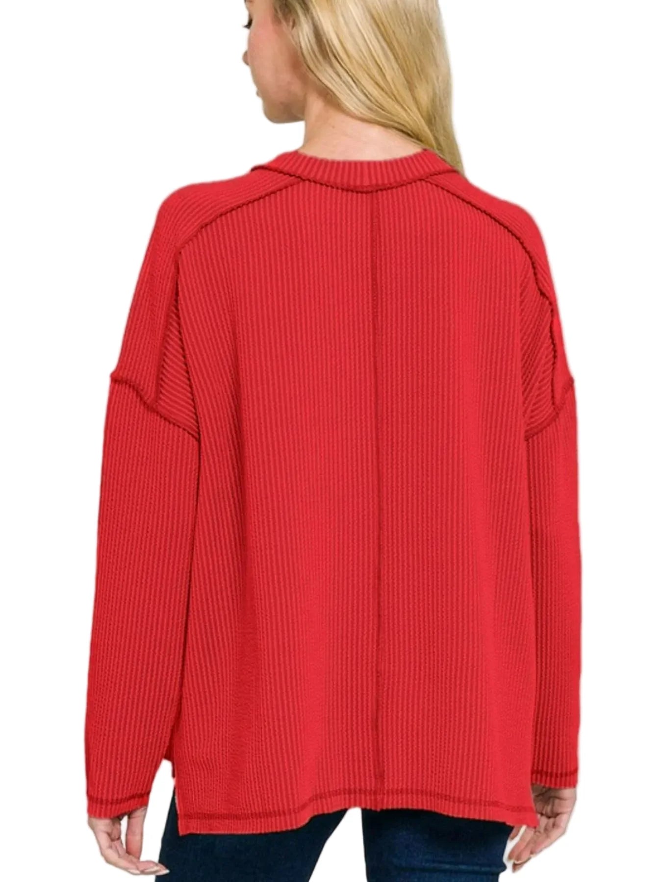 Full Size Exposed Seam Long Sleeve Corded Rib Knit Top Plus Size
