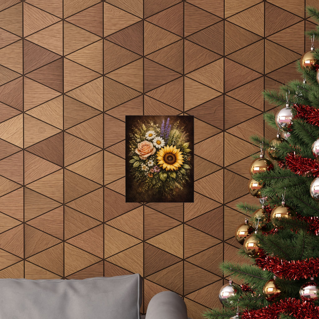 Sunflower & Roses Bouquet Poster — Matte Vertical Floral Wall Art