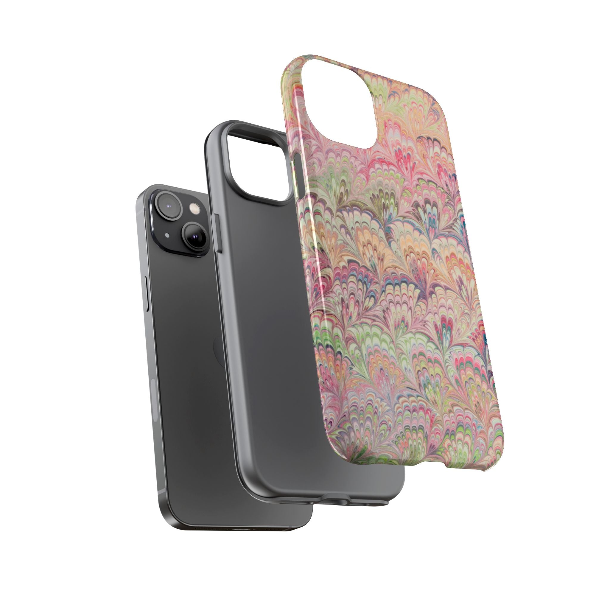 Pastel Pink + Green Feather Marbled Phone Case - Dual Layer Phone Cover