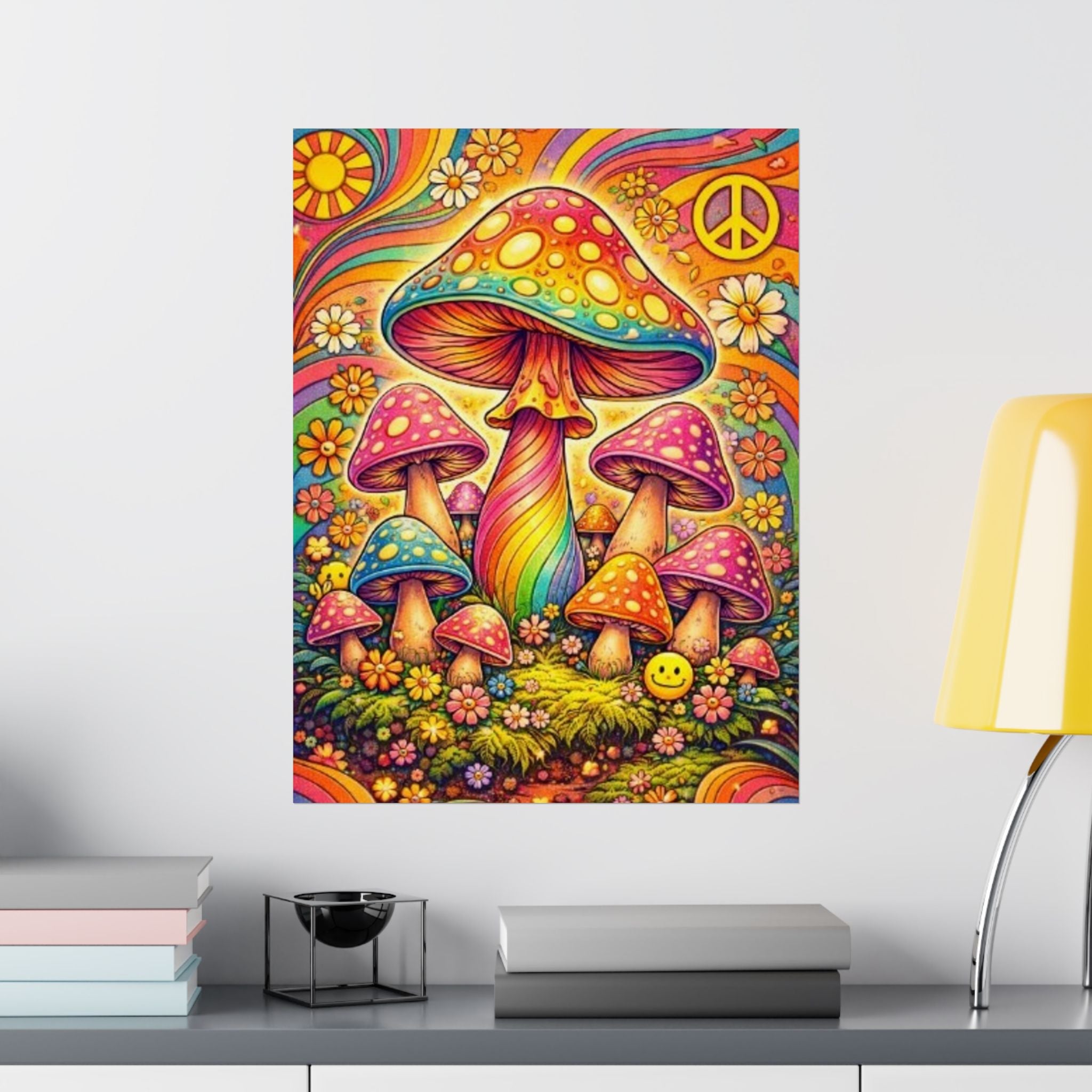 Psychedelic Mushroom Art Poster — Retro Rainbow Peace Wall Print