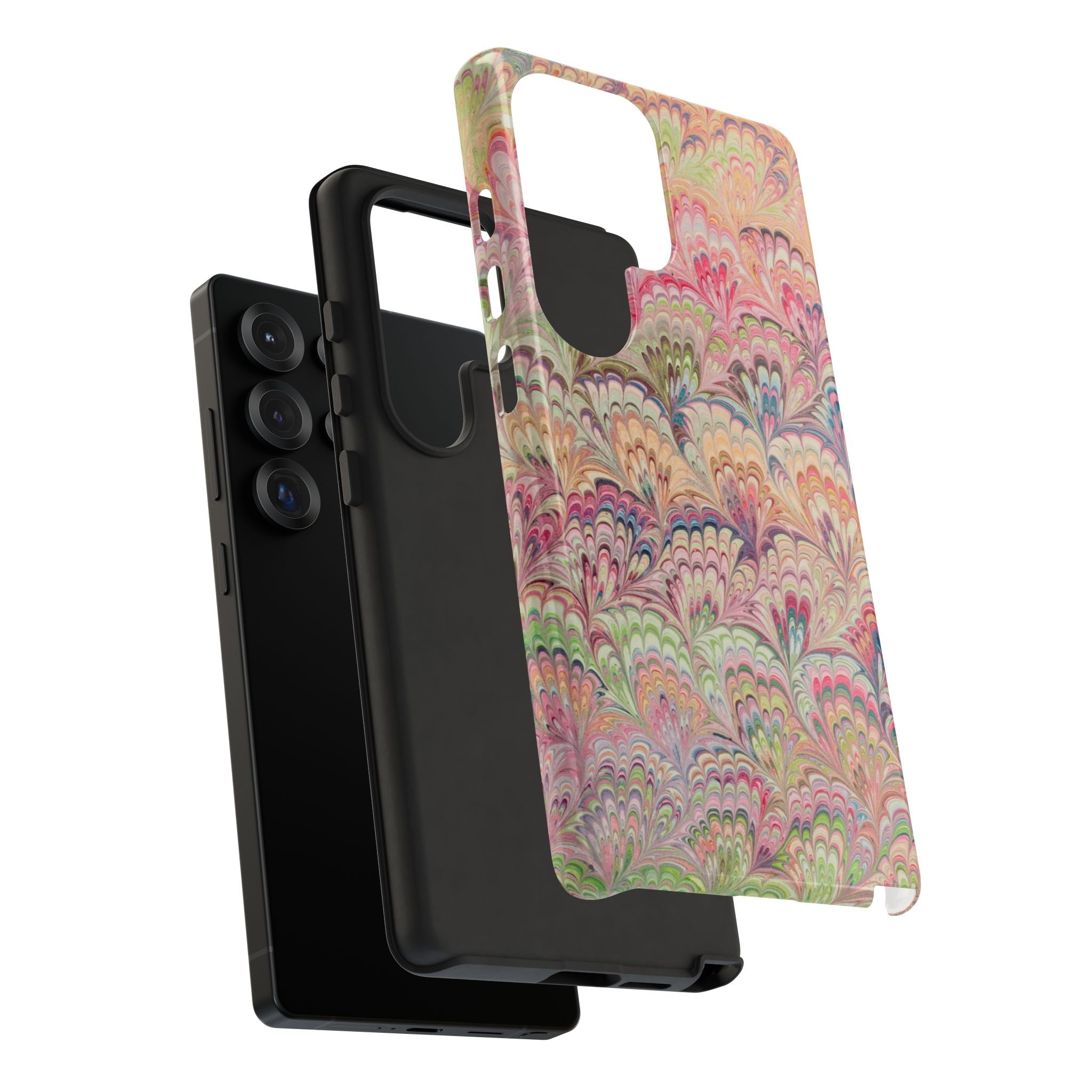 Pastel Pink + Green Feather Marbled Phone Case - Dual Layer Phone Cover