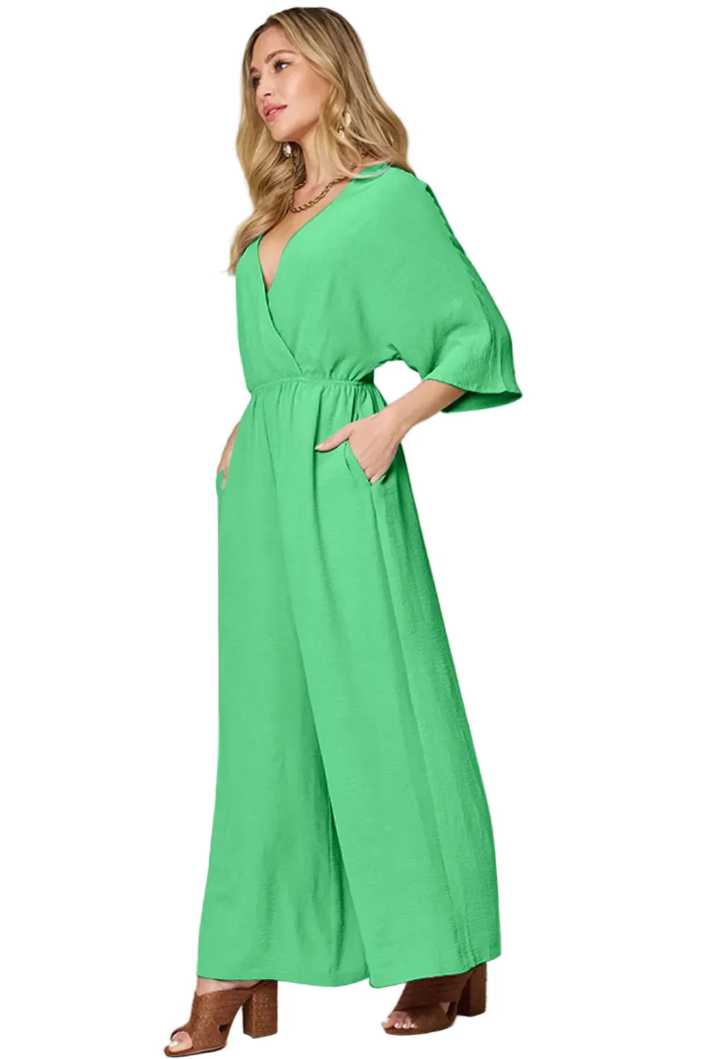 Garden Naked Womens Jumpsuit Elegant Kimono-Sleeve Jumpsuit With Pockets Royal Blue Soft Crepe Fabric Wide
