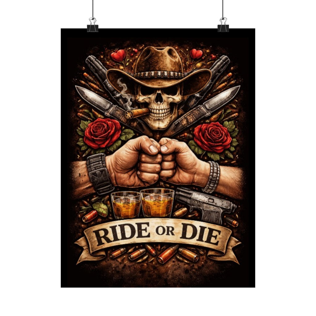 Ride or Die Skull Poster — Cowboy Skull, Fist Bump Motorcycle Bar Art