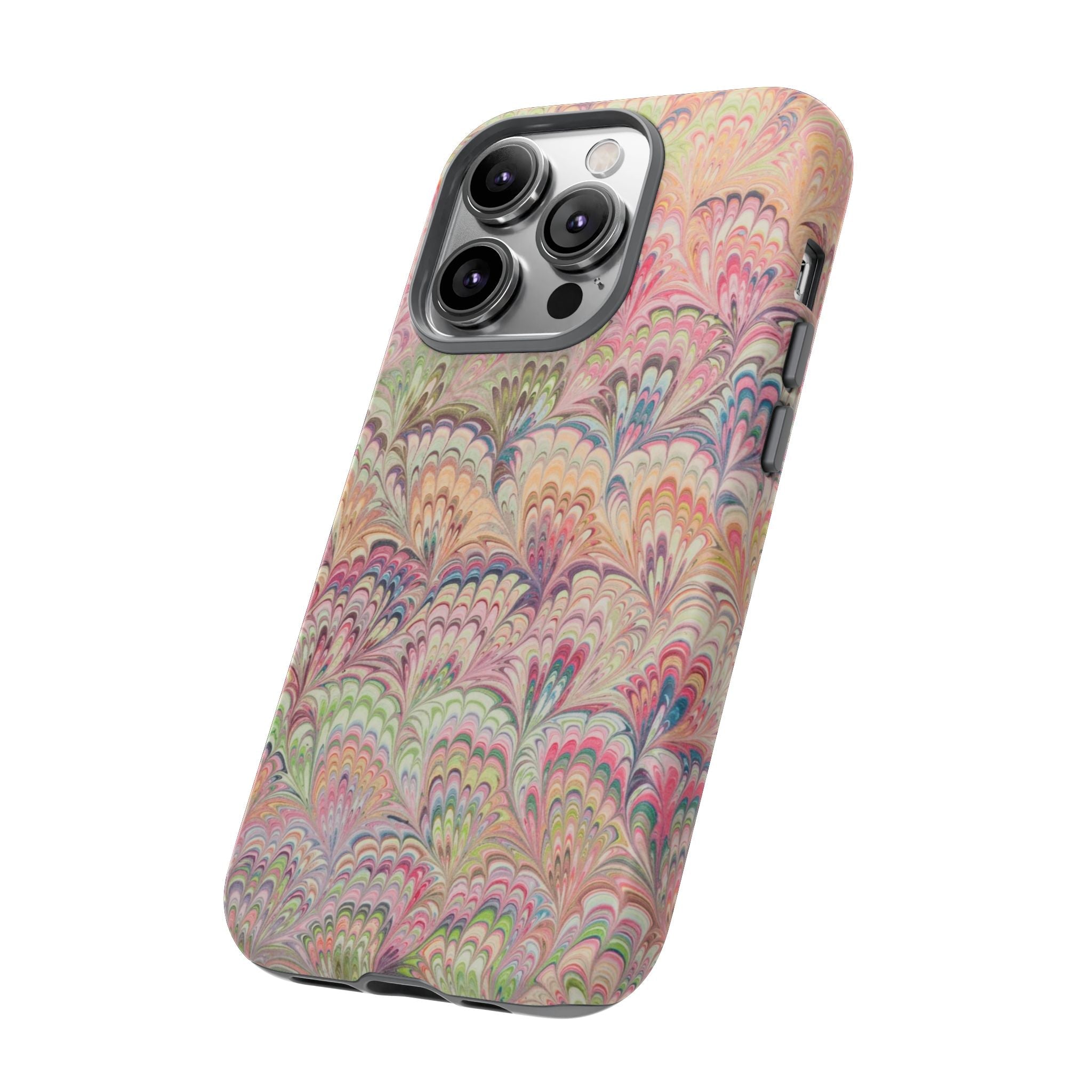 Pastel Pink + Green Feather Marbled Phone Case - Dual Layer Phone Cover