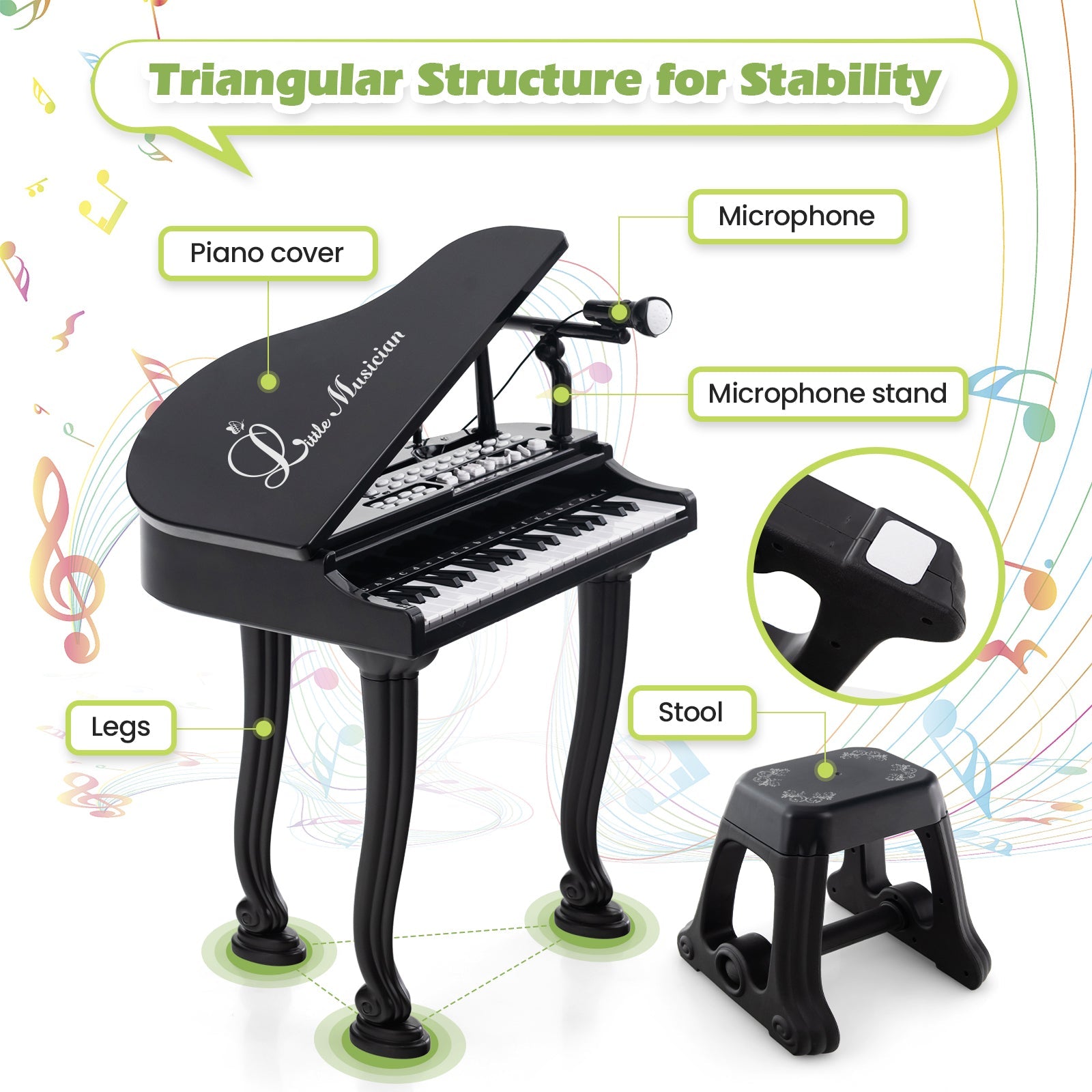 37 Keys Kids Piano Keyboard with Stool and Piano Lid-Black