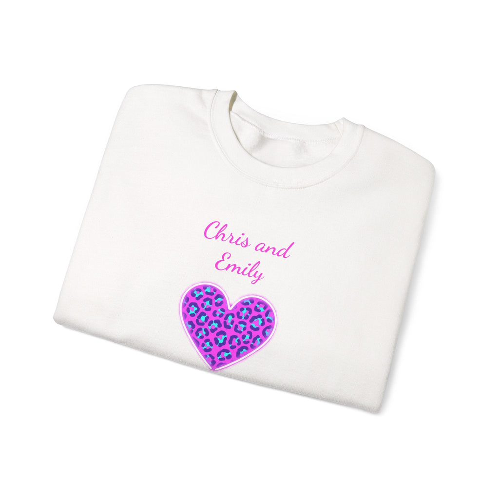 Crewneck Sweatshirt - Personalized Pink & Purple Leopard Heart - Two Customizable Text Boxes