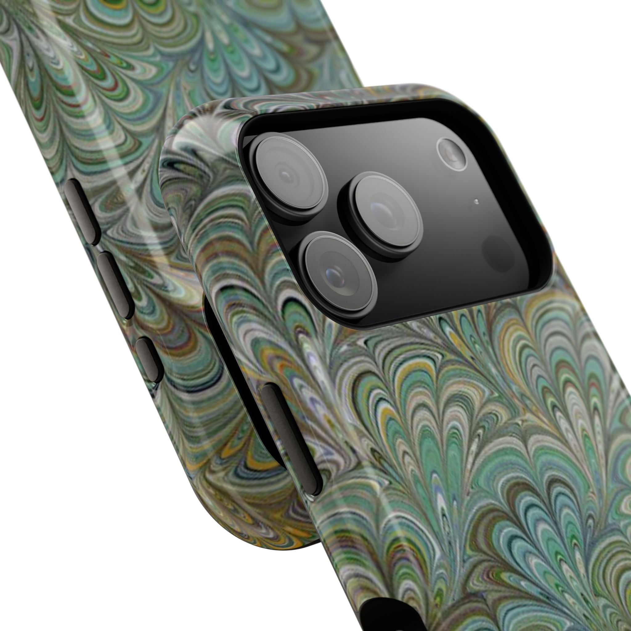 iPhone17 + All Models Phone Cases, Italian Peacock Feather Design, Stylish Impact-Resistant Shell, Protective Cover, Green Peacock Print