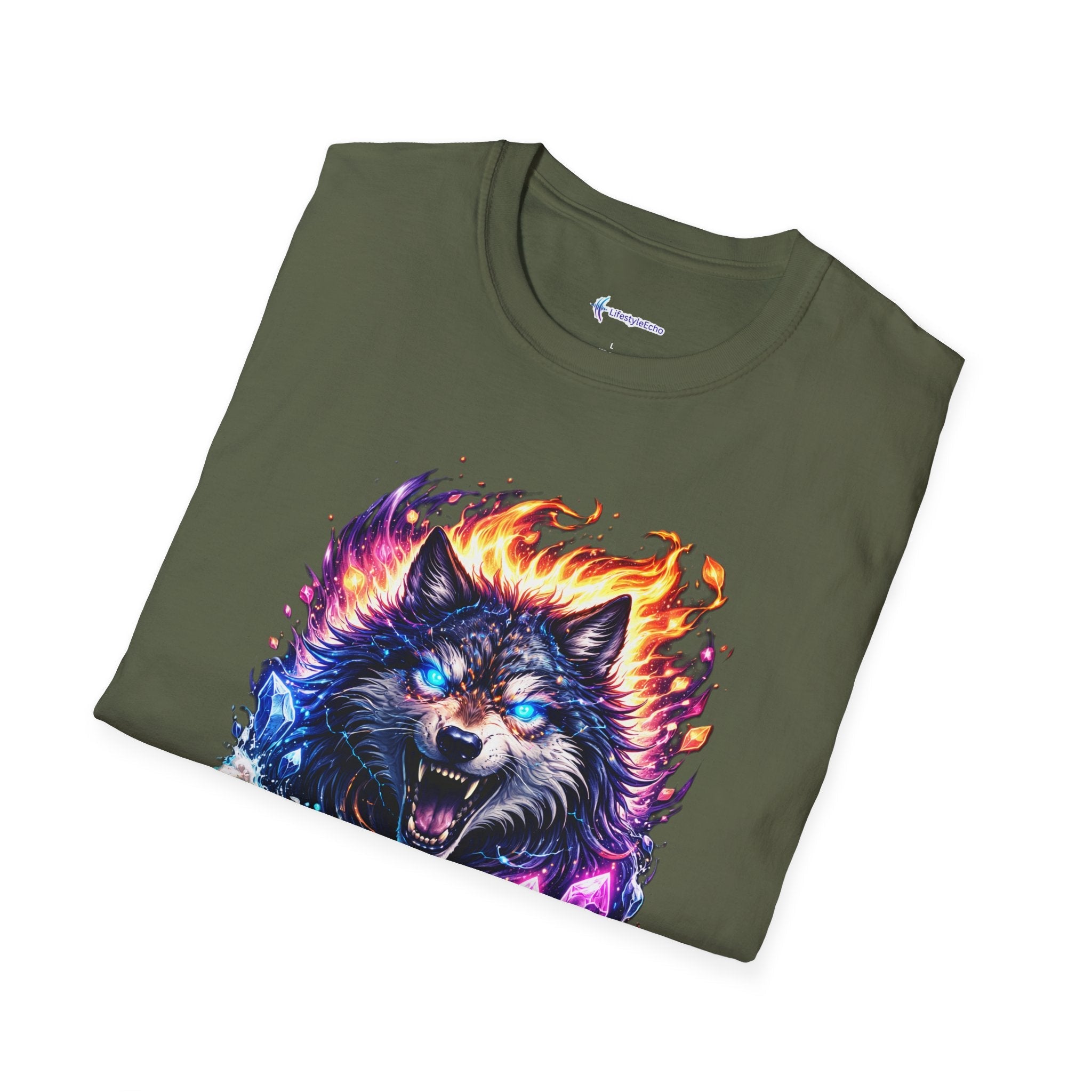 Cosmic Fire Wolf T-Shirt — Vibrant Mystic Wolf Graphic Tee