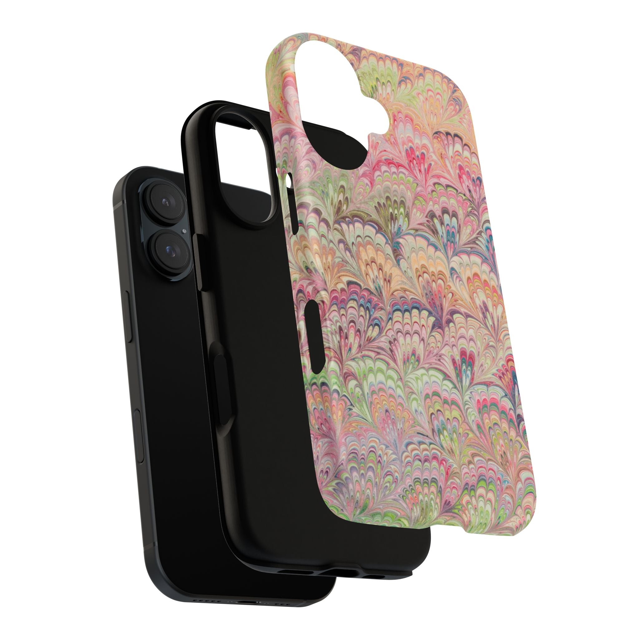 Pastel Pink + Green Feather Marbled Phone Case - Dual Layer Phone Cover