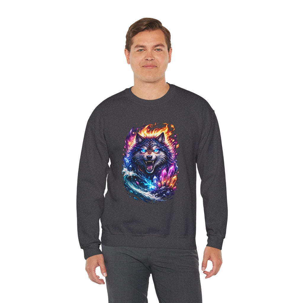Cosmic Wolf Crewneck Sweatshirt — Neon Fire & Ice Wolf Graphic