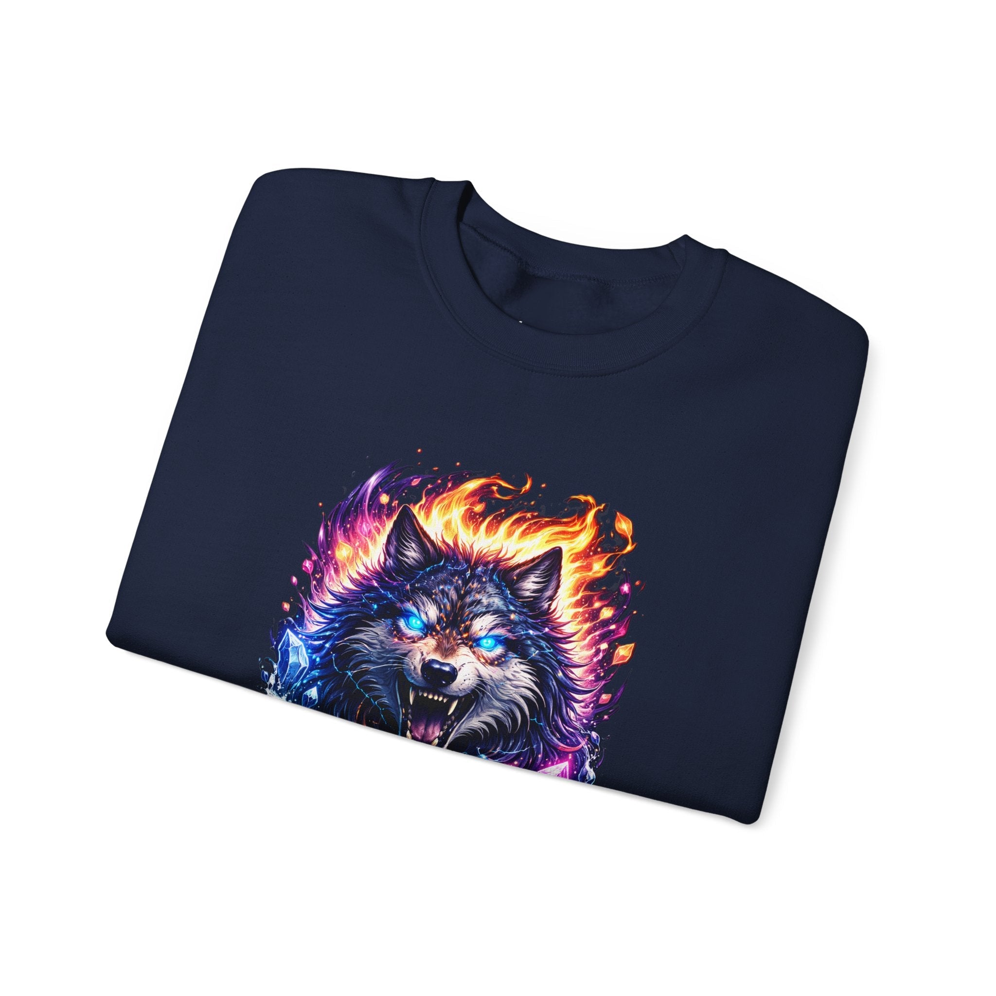 Cosmic Wolf Crewneck Sweatshirt — Neon Fire & Ice Wolf Graphic