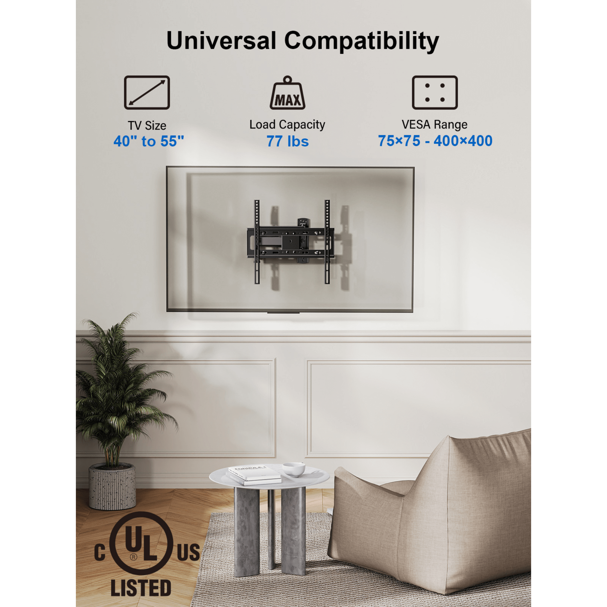 ErgoAV Single Stud Motion Mount for TVs 40" to 55" and up to 77lbs