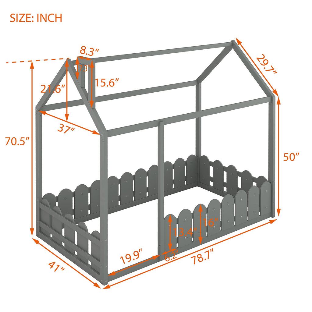 {Slats are not included}Twin Size Wood Bed House Bed Frame with Fence for Kids Teens Girls Boys {Gray}