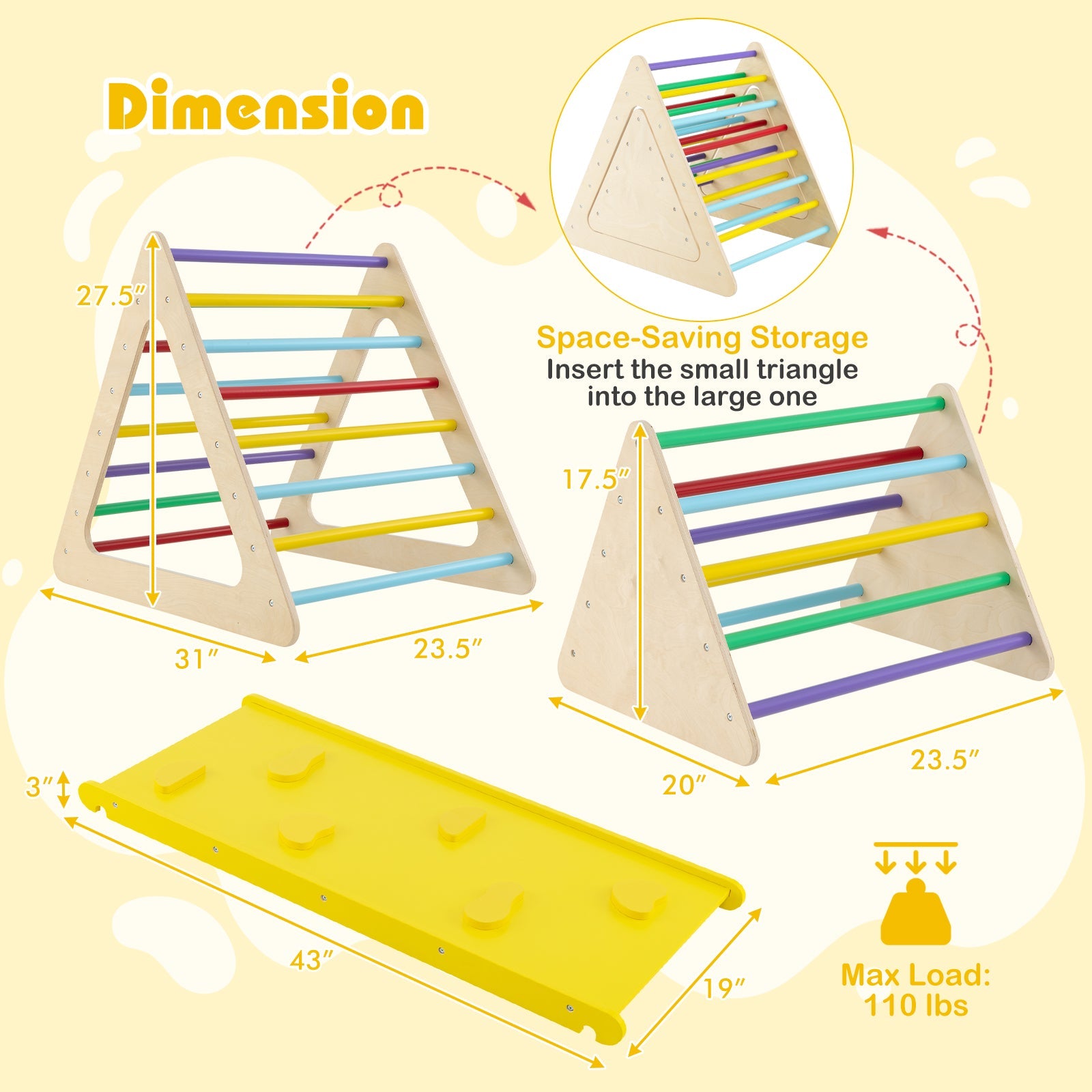 3 Piece Toddler Triangle Set Montessori with 2 Climbing Triangles and 1 Ramp-Colorful