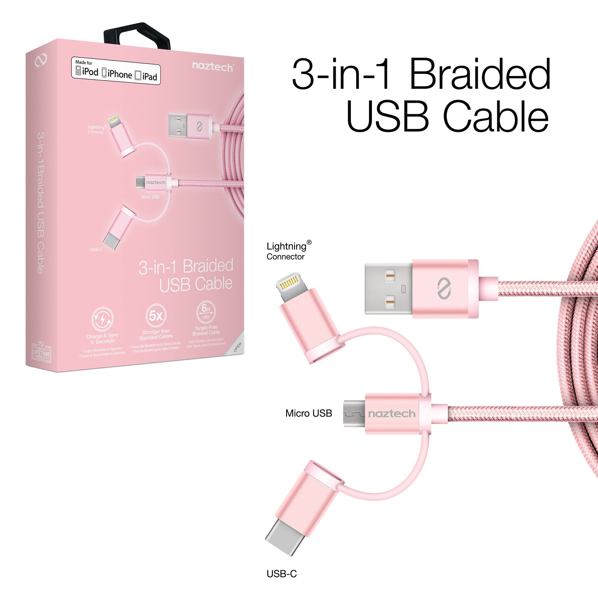 Naztech 3X1 Micro Lightning & USB-C Charge & Sync 6ft Cable