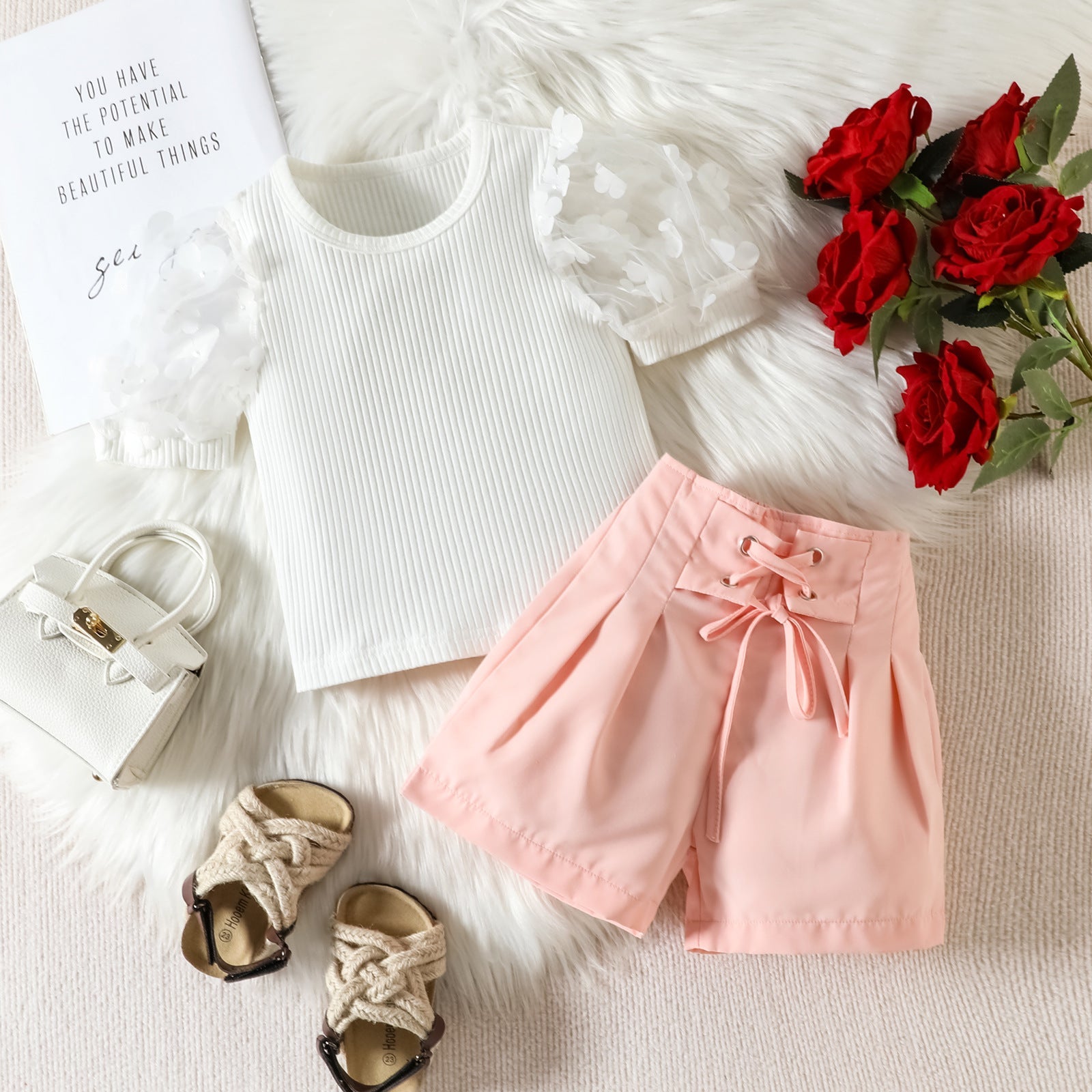 Summer Mesh Three-dimensional Petals Short Sleeve Shorts For Girls Suit