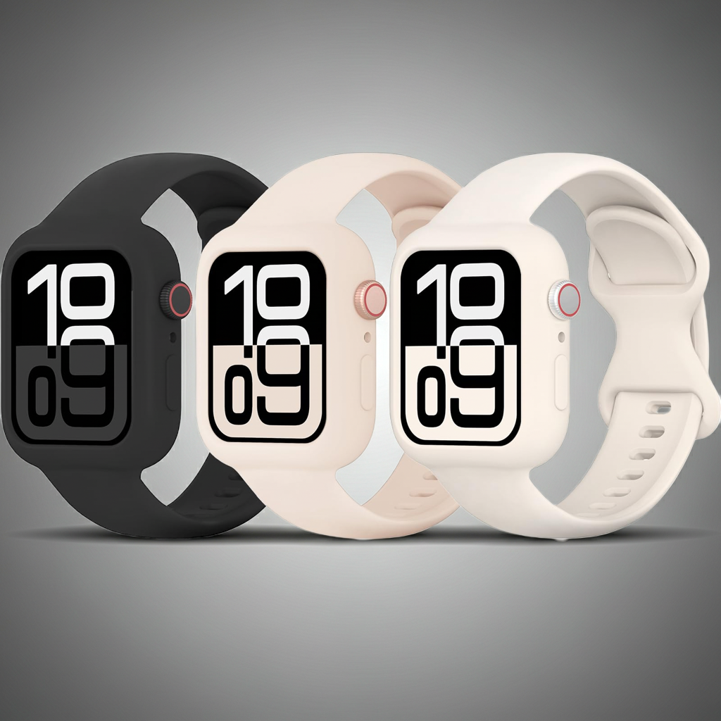 3-Pack Silicone Sport Bands with Protective Bumper Case for Apple Watch (38–46mm) – Soft Replacement Straps Compatible with Series 3–11 & SE