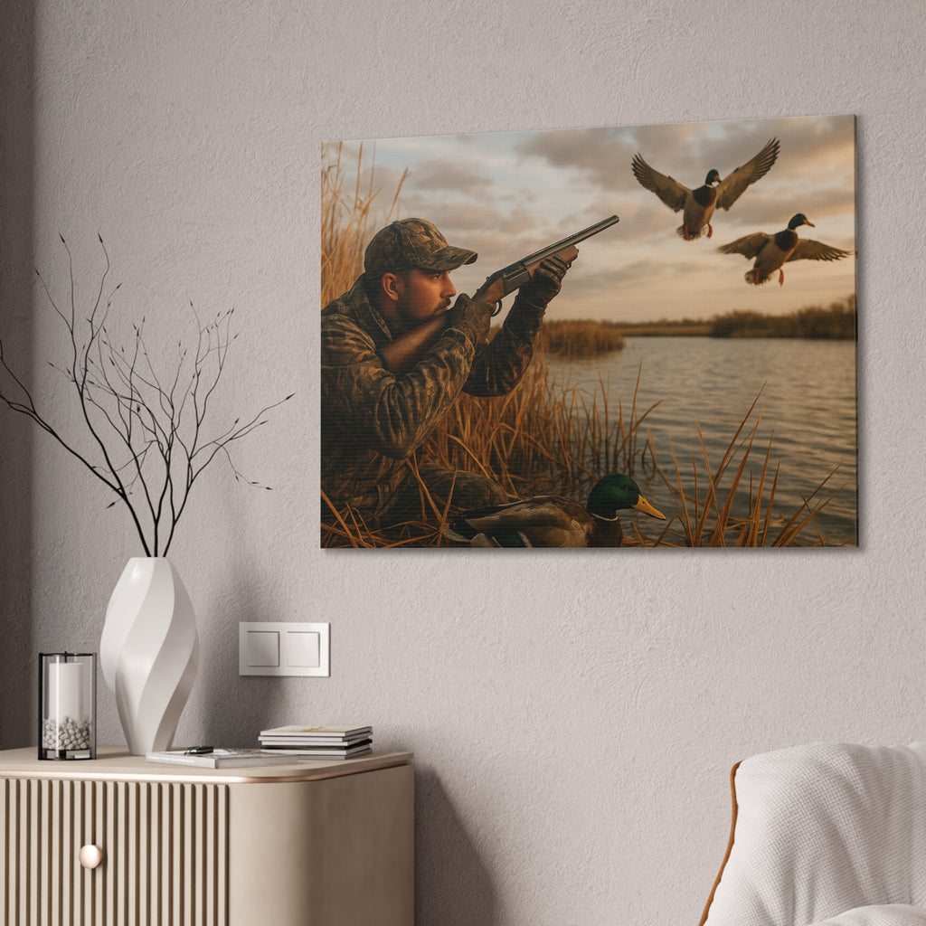 Duck Hunting Canvas Print — Waterfowl Blind Scene Stretched Wall Art
